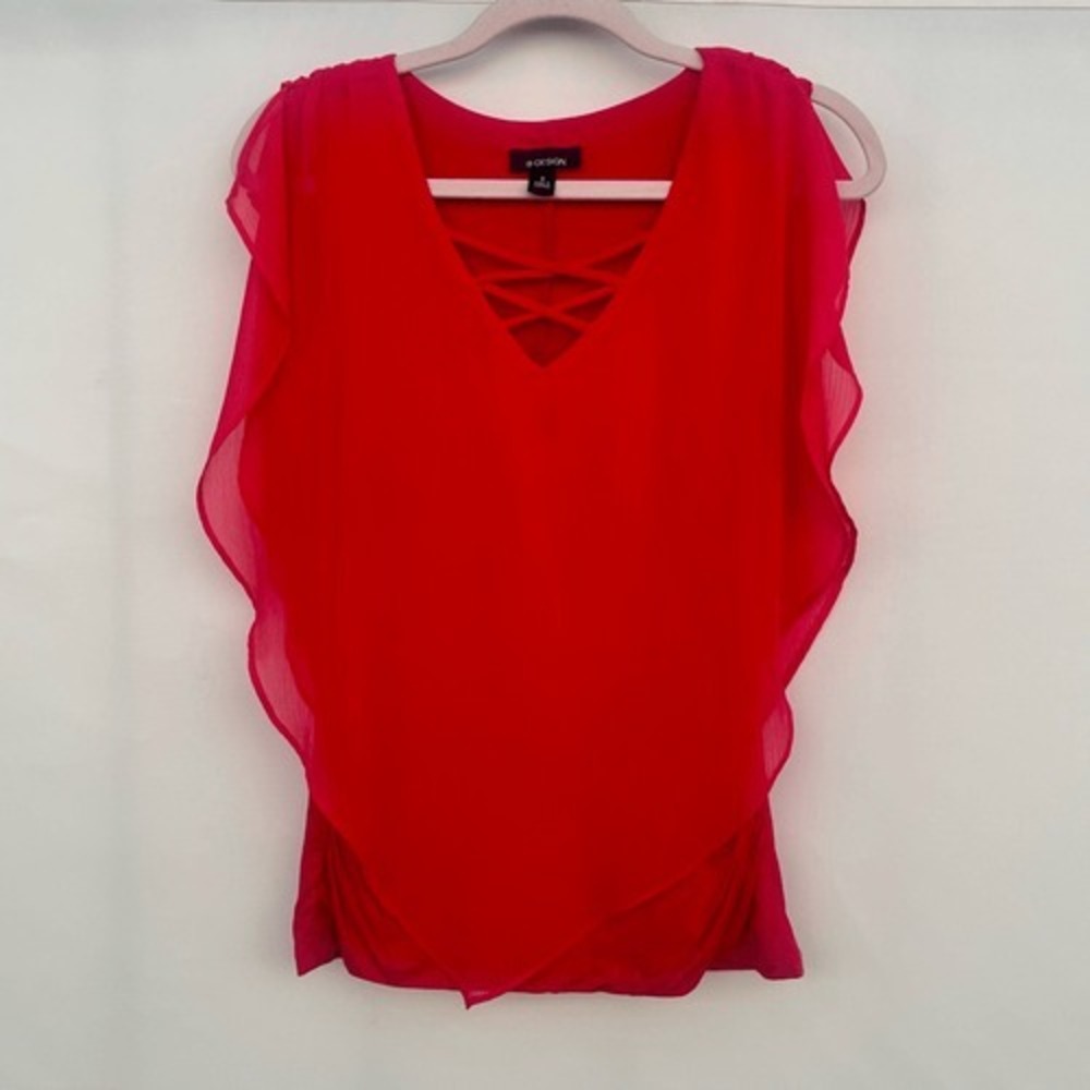 B.Design Red Sleeveless Blouse ruffled Crisscross V Neck Party Top